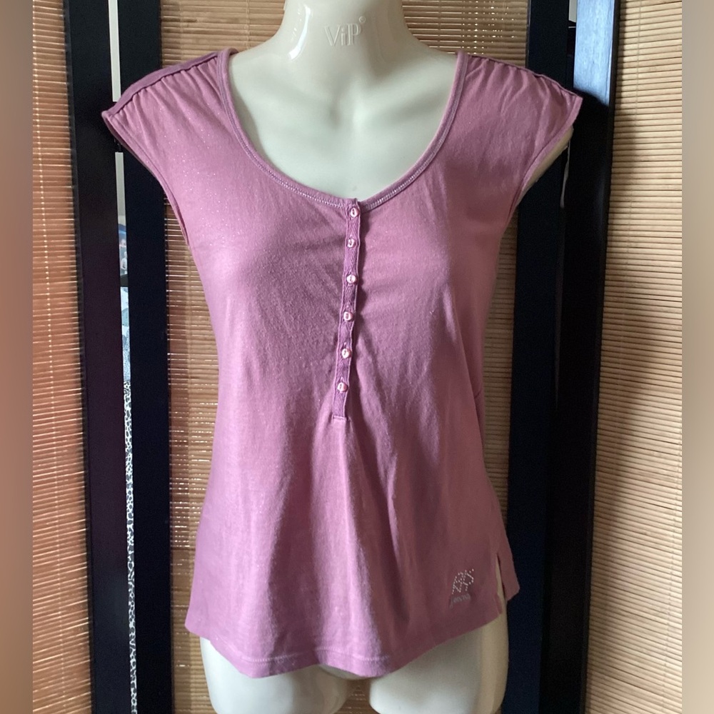 Vintage Y2K DKNY Jeans Cap Sleeve Top Sz XS mauve w silver accents